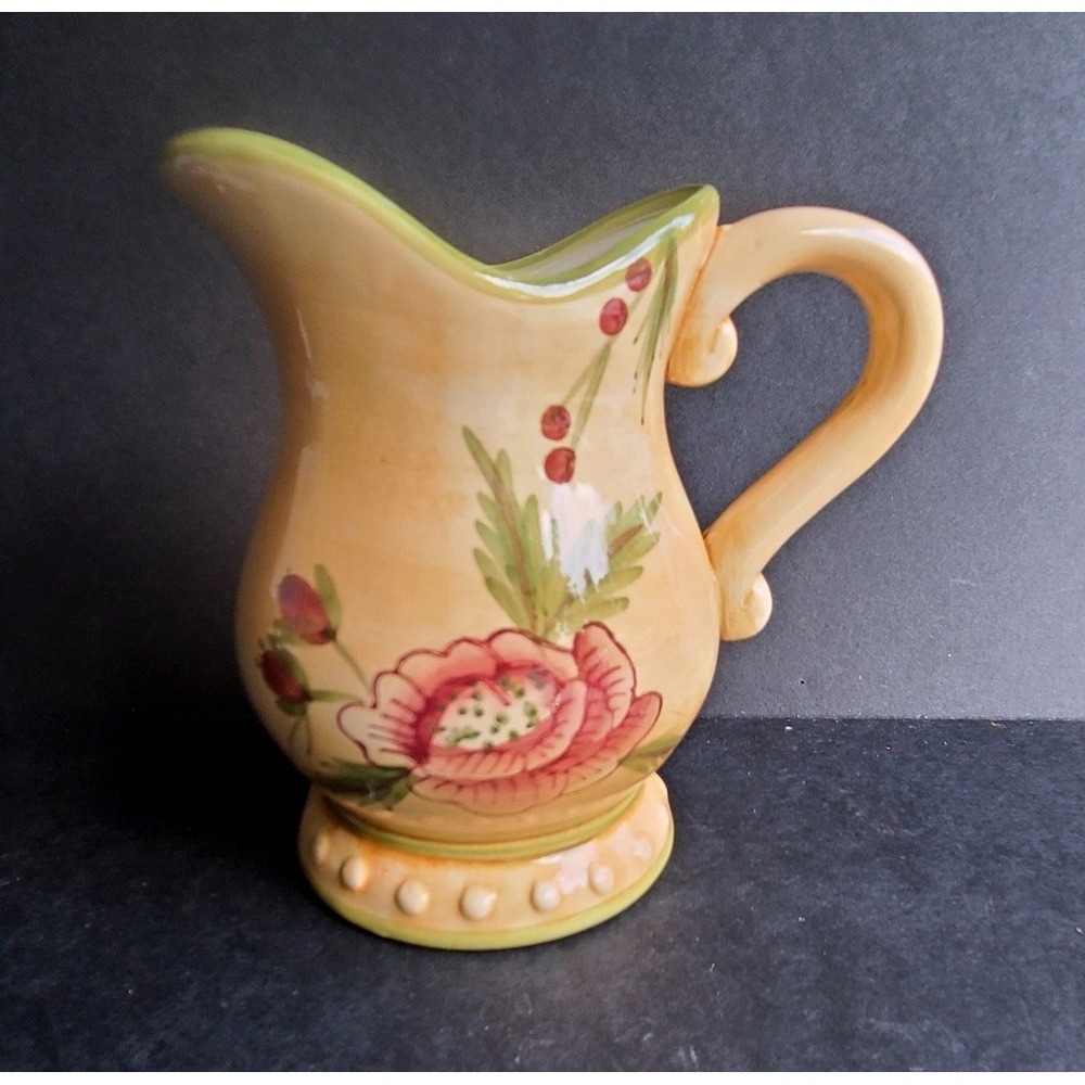 Hand Painted Floral Ceramic Pitcher Yellow Pink Flower Scalloped Rim 6.5 Inch
